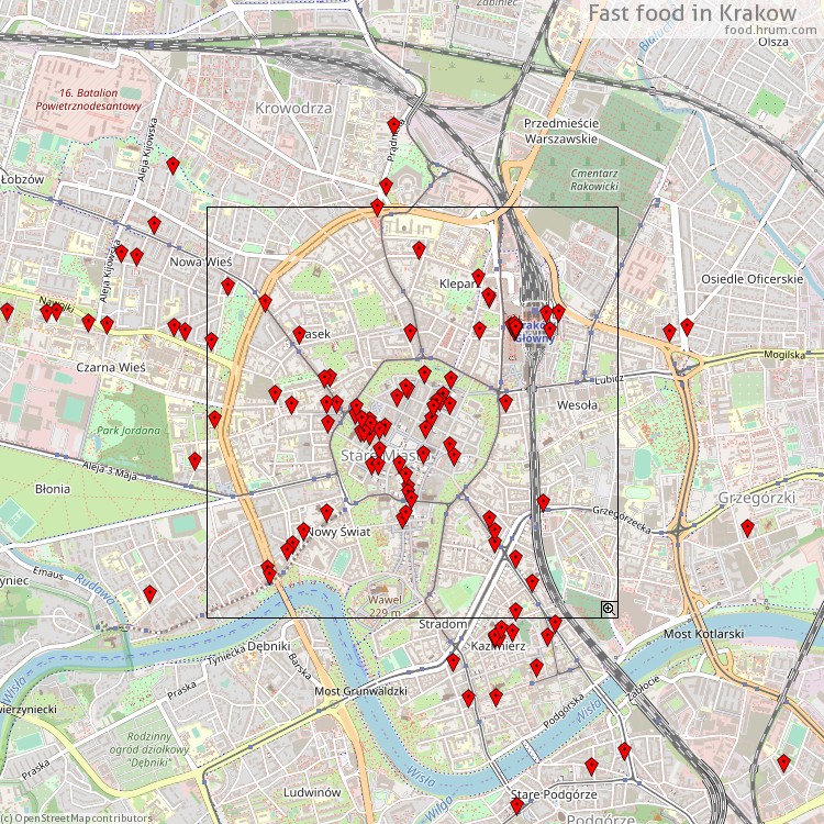 Fast food Krakow - map of restaurants