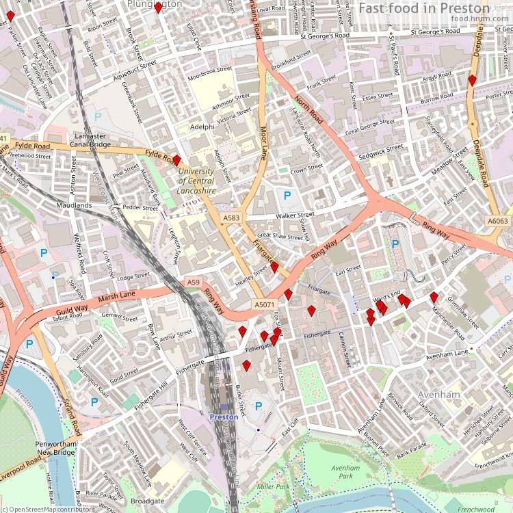 Fast food Preston - map of restaurants
