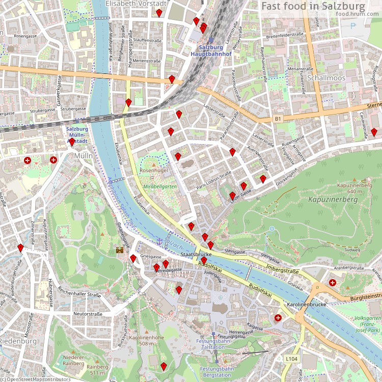 Fast food Salzburg - map of restaurants