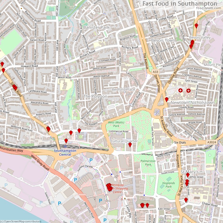 Fast food Southampton - map of restaurants