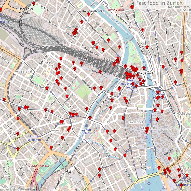 Fast food Zurich - map of restaurants